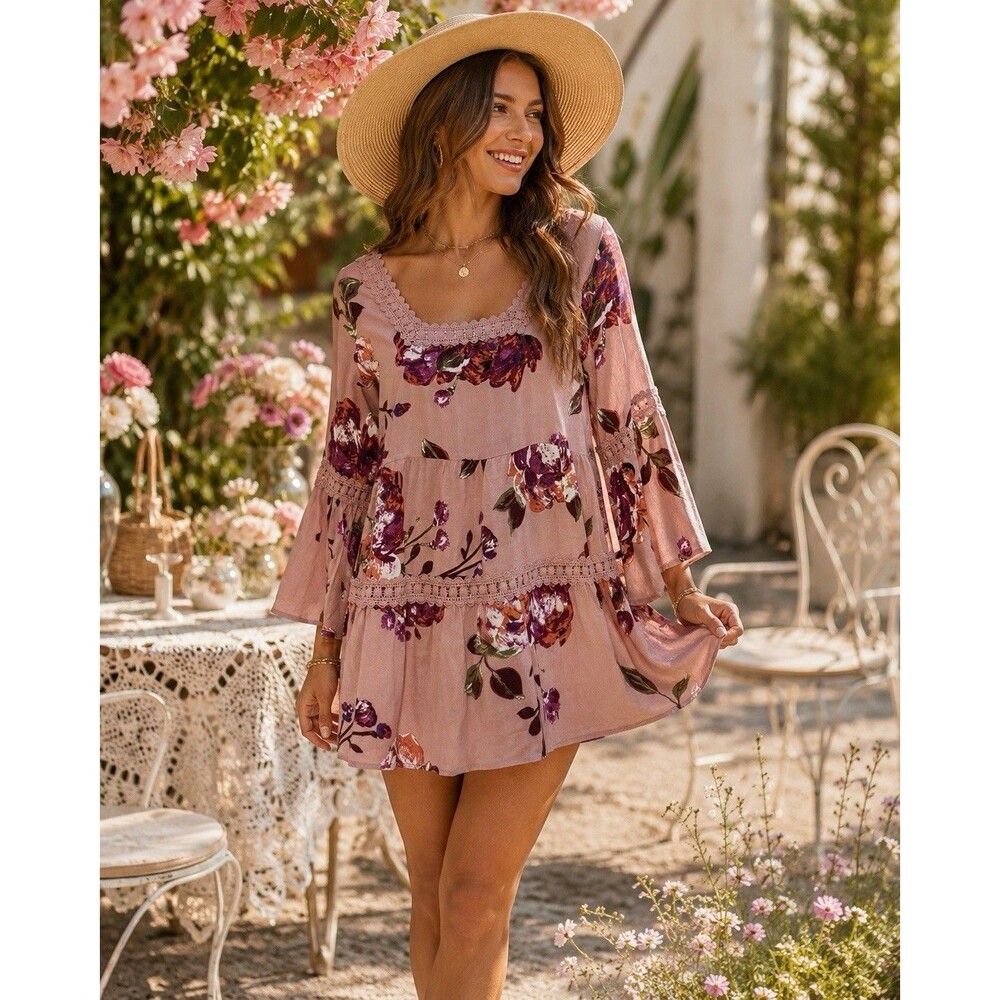 Oddi Womens Size Small Mini Dress Tunic Floral Boho Garden Party Wedding Guest